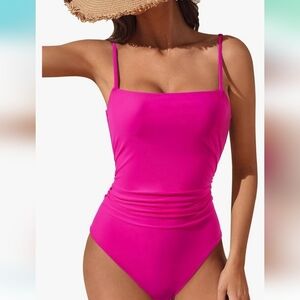 Sexy Tummy Control One Piece‎ Swimsuit Square Neck hot pink Sz S NWOT